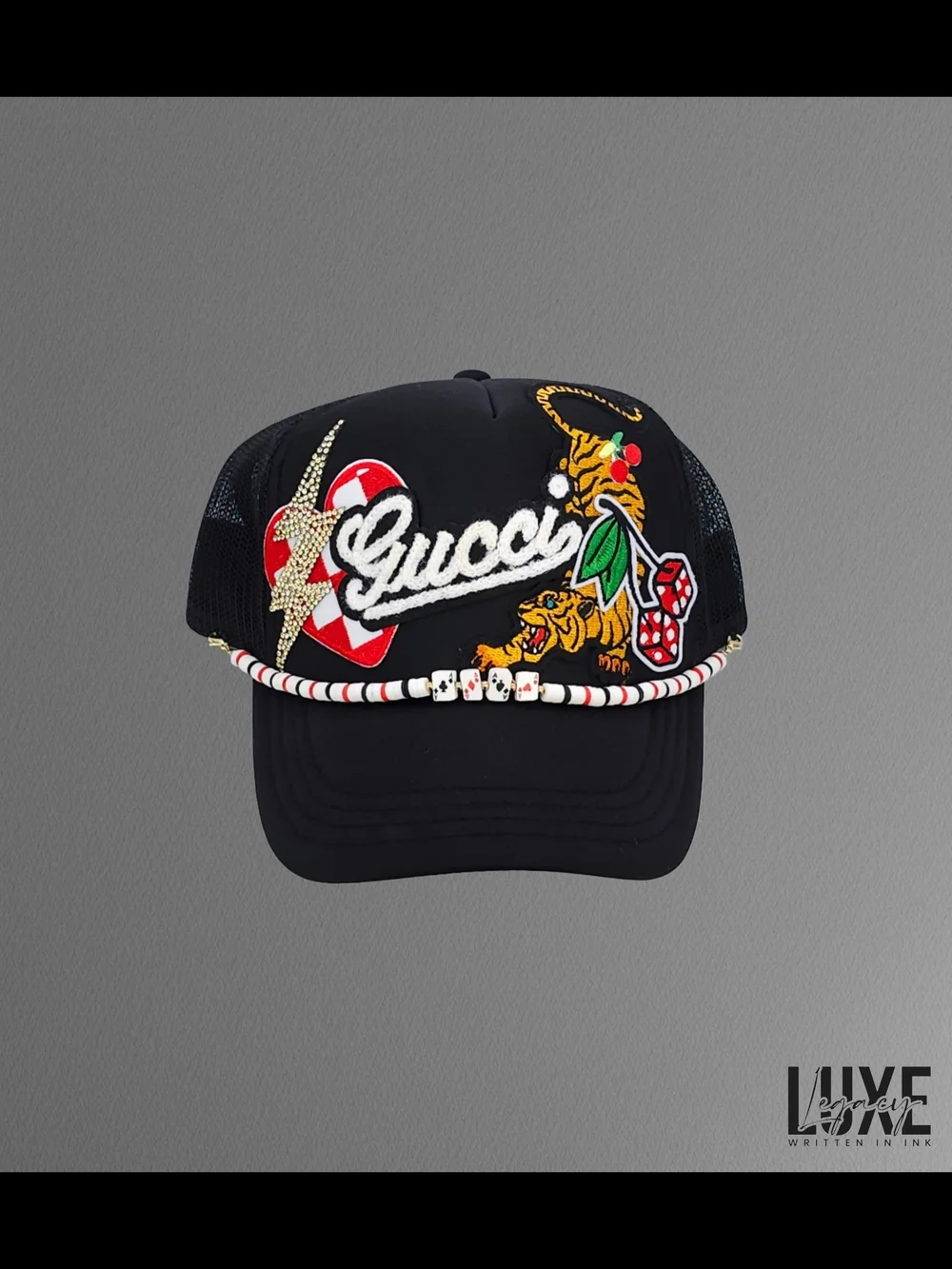 Custom Black Embroidered Kids OTTO Trucker Hat with Cherry and Tiger Patch